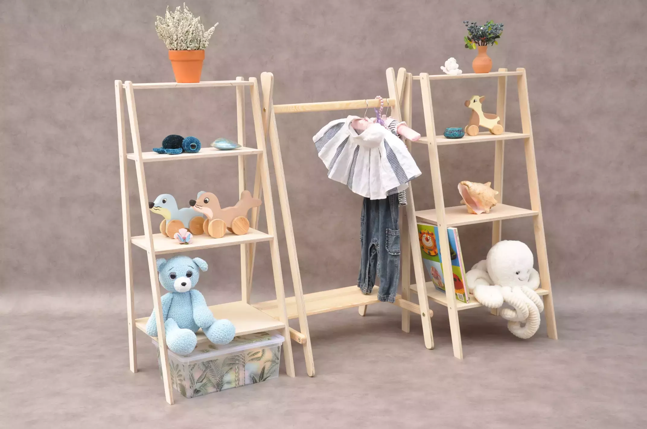 Montessori wardrobe rail Tipi and two display ladder shelves children's wardrobe sets available to order online at BarinToys.com with free shipping delivery.