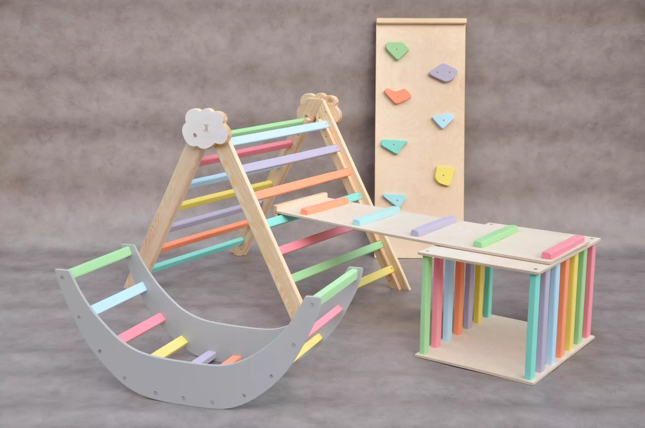 Climbing arch rocker & Cloud toddler climber, Montessori indoor climbing toys - the Big set available at Barin Toys toy store - order online to ensure toddler physical development in early years.