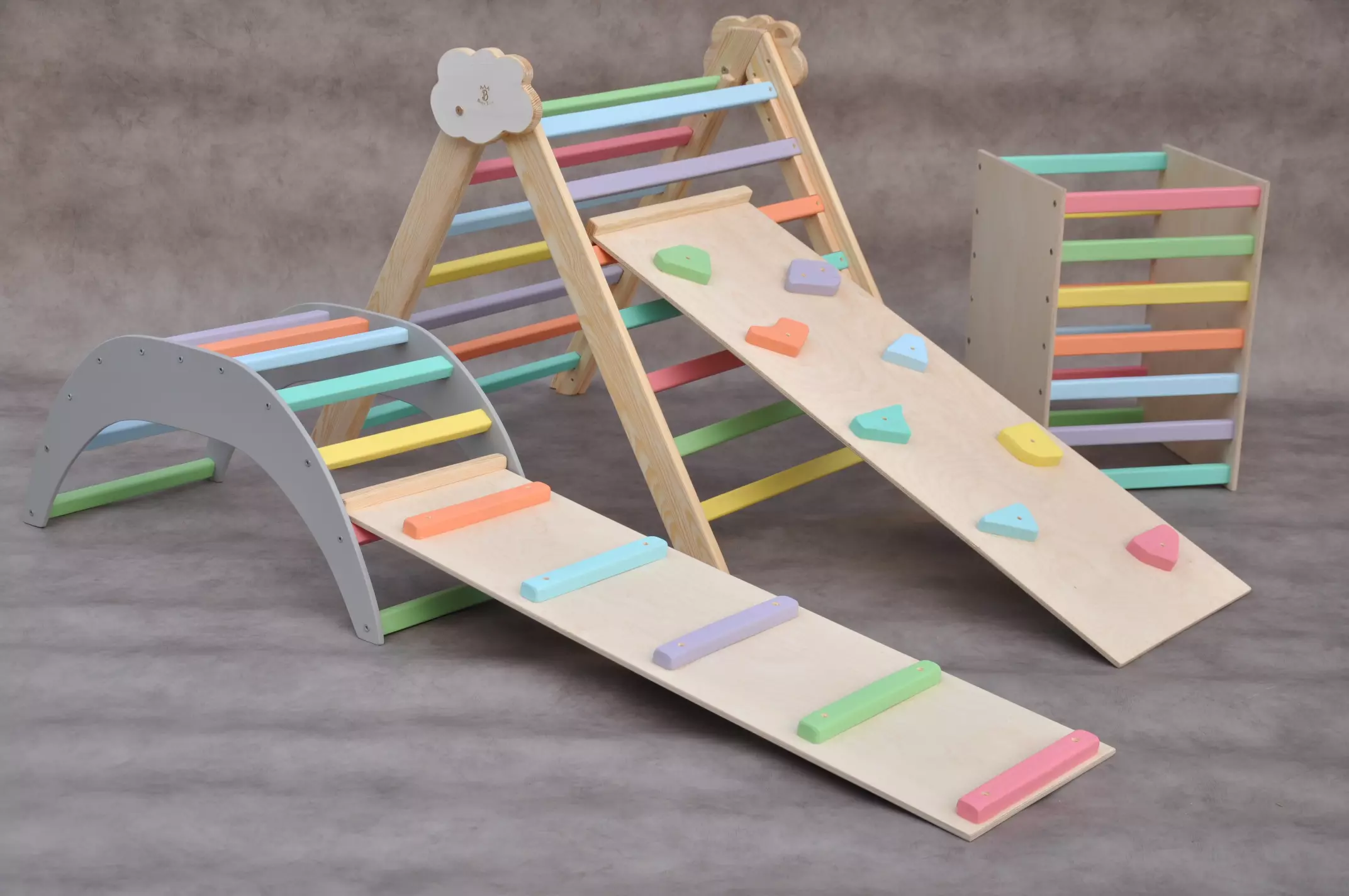 Cloud climbing arch & Montessori gym - the Big set of toddler indoor climbing frames for toddler physical education and development available at Barin Toys online store with free delivery accross the Europe.