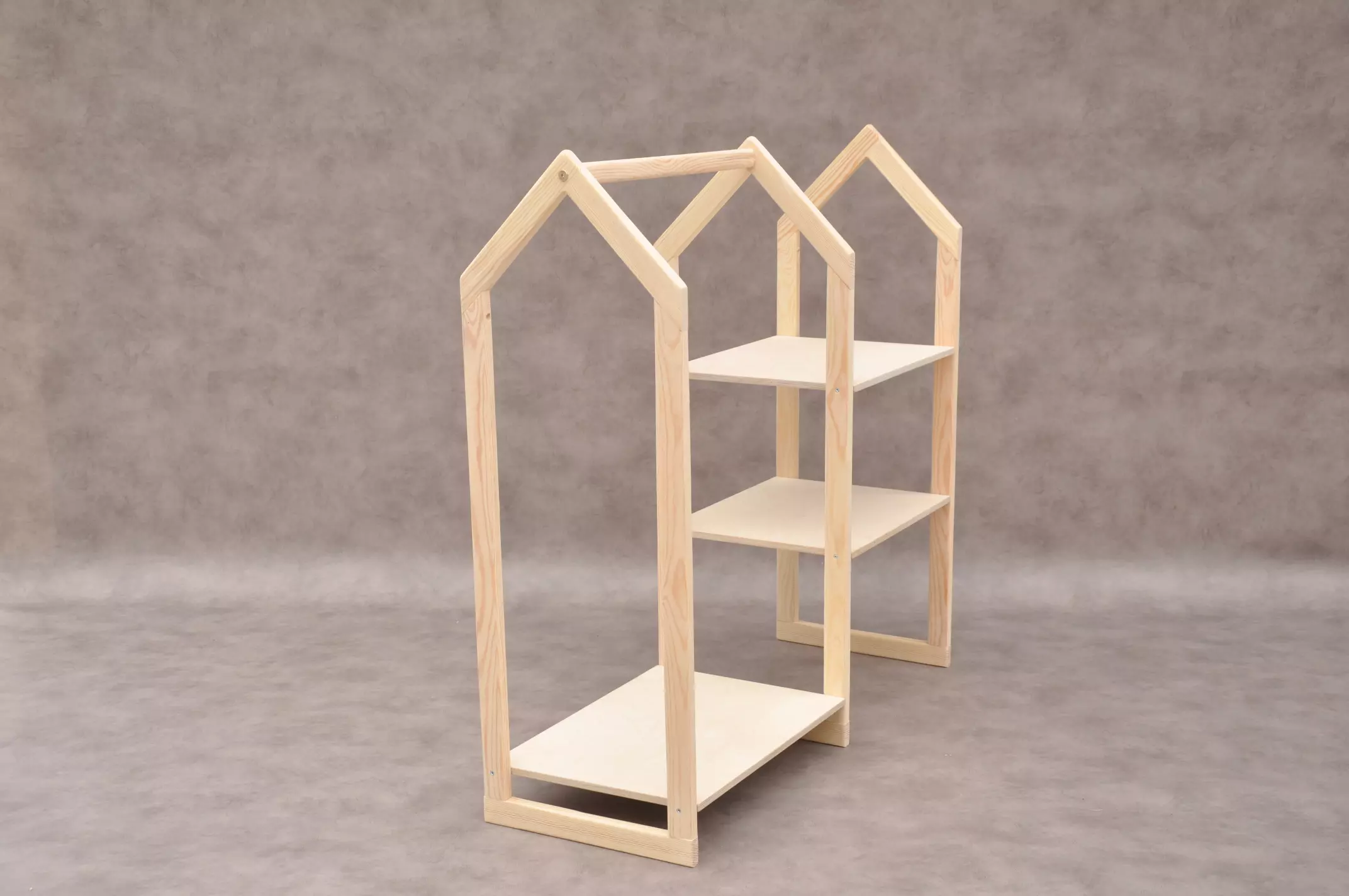 Childrens clothes rail with shelves by Barin Toys brand. Solid wood nursery wardrobe and storage shelves for babies and toddlers from 1 year old up to 7 years old.