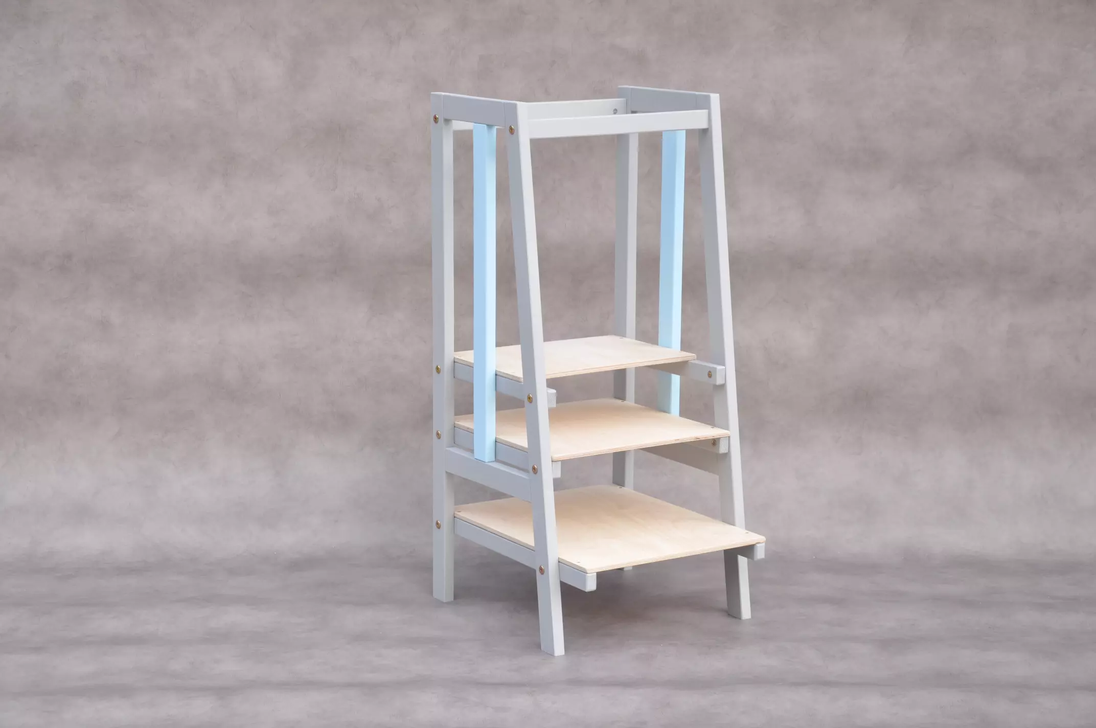 Learning tower kitchen helper stool Stripe grey & baby blue modern kitchen helper tower: wooden kitchen helper stool with 3 platform levels included up to 100 kg weight capacity limit.