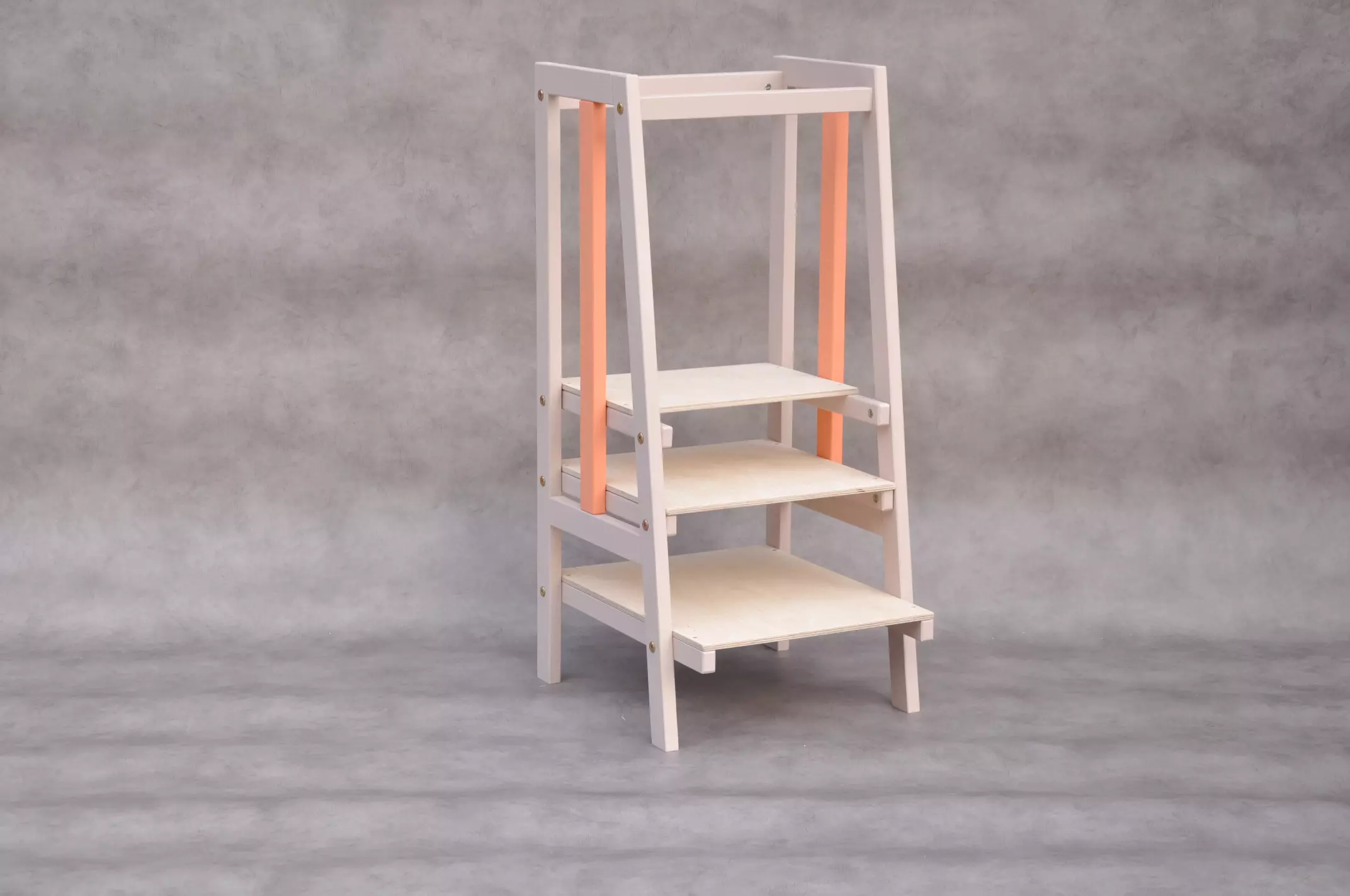 Montessori kitchen helper Barin Toys toddler step stool Stripe Bisque & Mandarin toddler cooking learning tower for sale at Barin Toys online store with free delivery across EU, Ireland, Switzerland and UK.