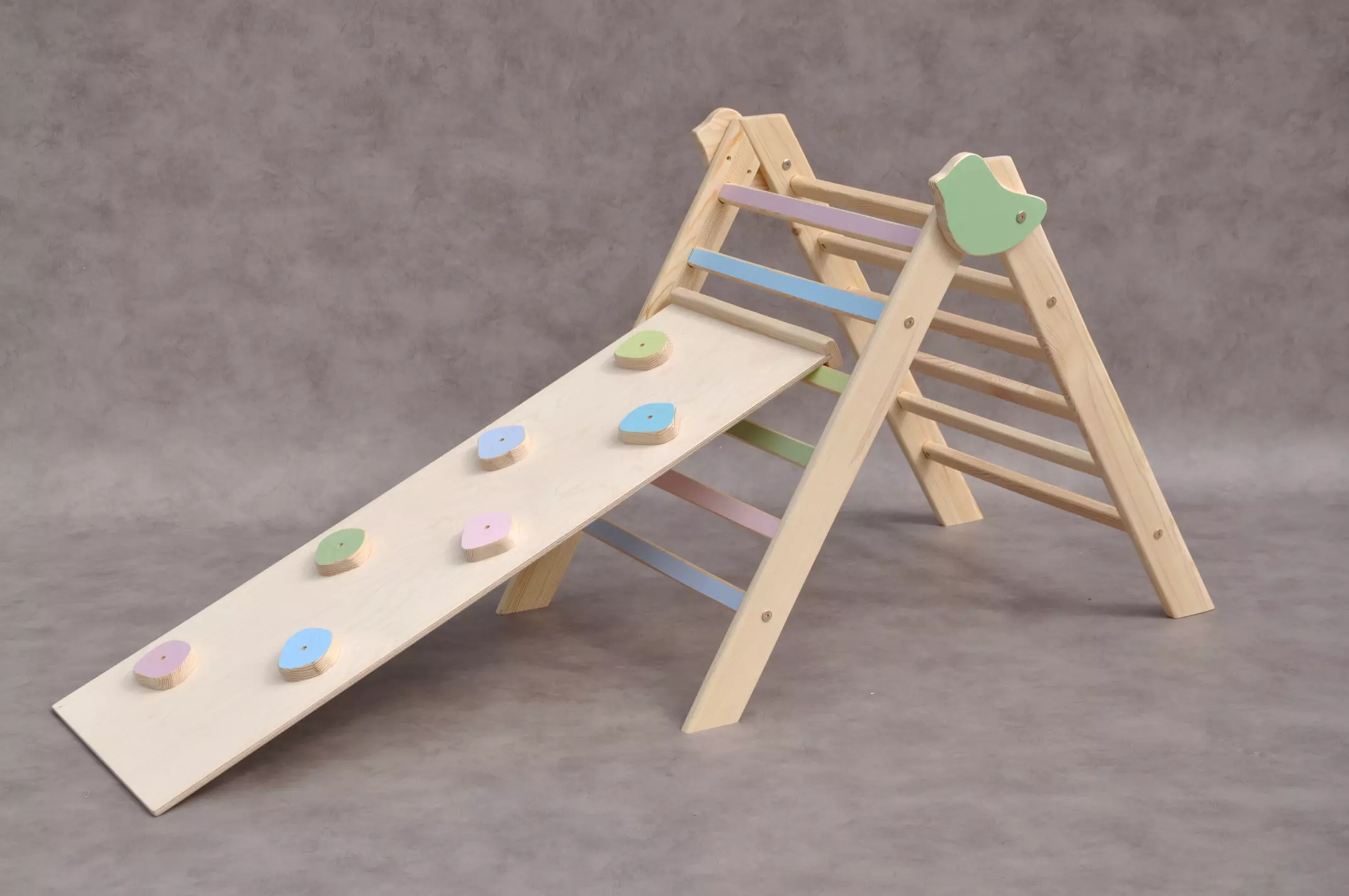 Best toys for 2 year old baby boy or baby girl for a spring / summer period to organize physical activity indoor or as a temporary outdoor playground - BarinToys Tiny Bird pikler triangle available to order online at BarinToys.com with free shipping.