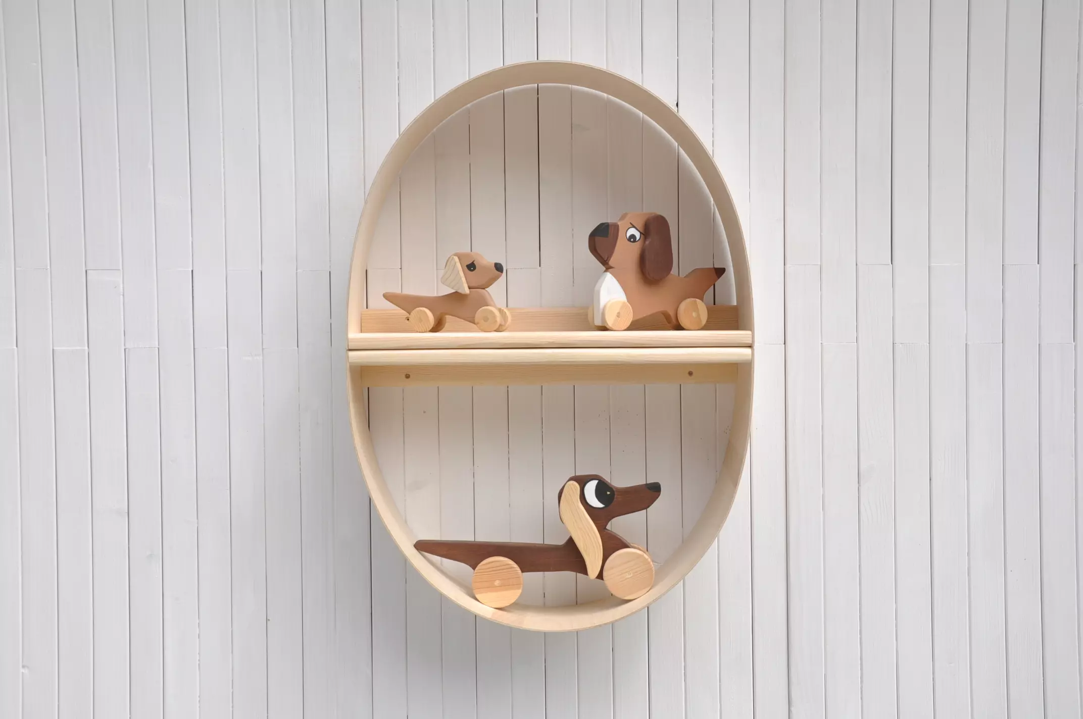 Round shelf Egg by Barin Toys - arched pine and plywood shelves, suitable as a decorative shelves for bedroom and living room, perfect mum to be gifts for a nursery, baby room plush toys shelves and Easter celebration. Buy online at BarinToys.com store.