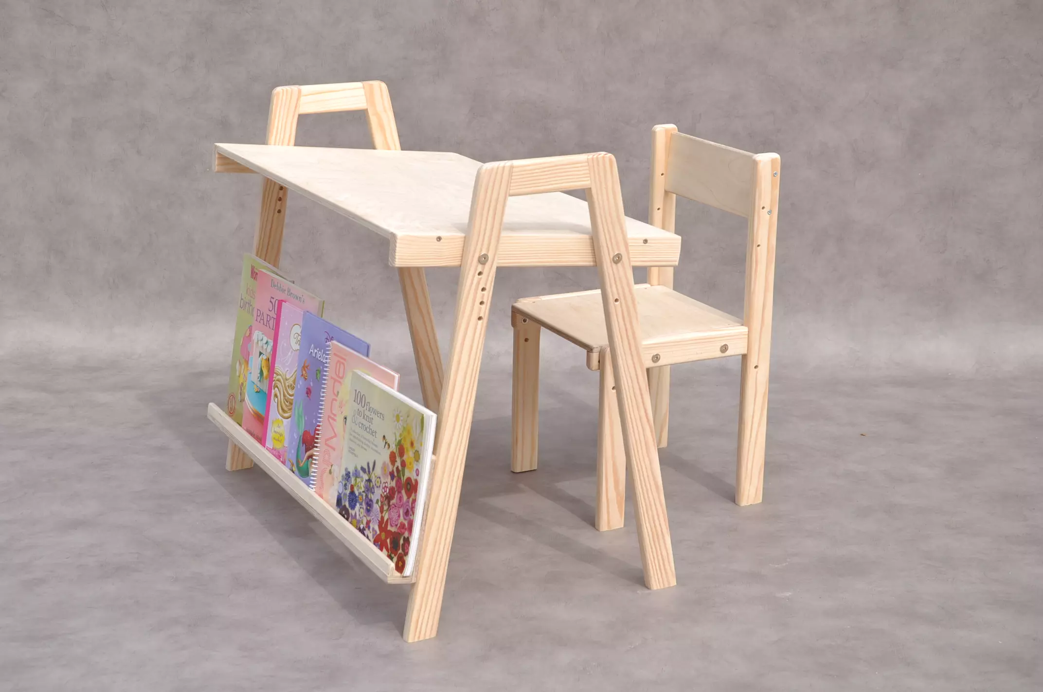 Barin Toys wooden adjustable kids desk and chair set with Montessori bookshelf